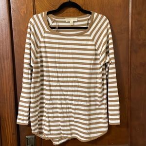 Michael Kors tan and white striped lightweight sweater.